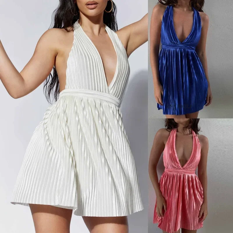 

2024 New Summer Solid Color Sleeveless Hanging Neck Dress Female Sexy Spicy Girl Open Back Fold V-neck Short Skirt Female YDL39