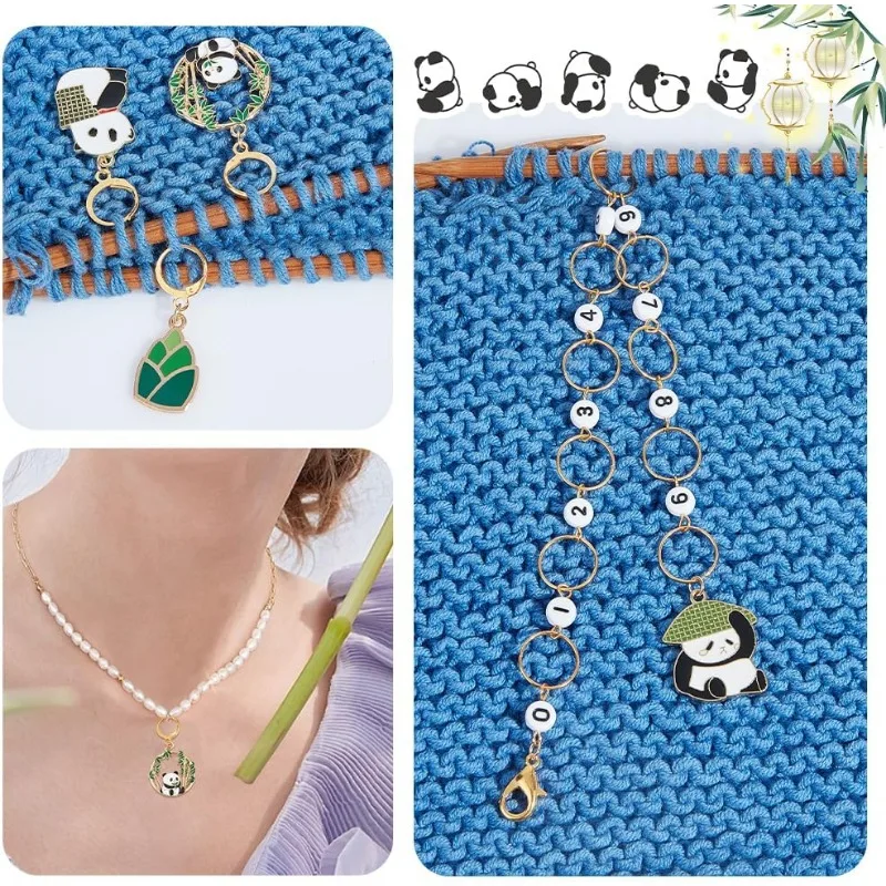 1 Pcs Panda Knitting Row Counter Chains and 16 Pcs Panda Stitch Markers Alloy Enamel Stitch Marker for Knitting Weaving Sewing