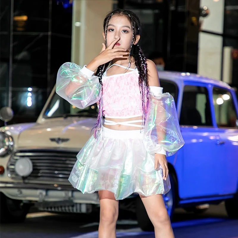 

Girls Catwalk Show Stage Outfit Modern Dancewear Puff Sleeve Jazz Dancing Costume Kids Cheerleading Wear Hip Hop Clothes VDB7028