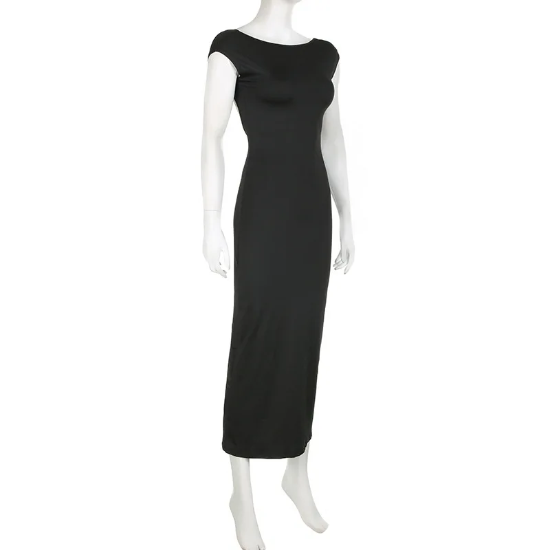 Hot Backless Black Dress - Sleeveless Patchwork High Waist Solid Long Dress