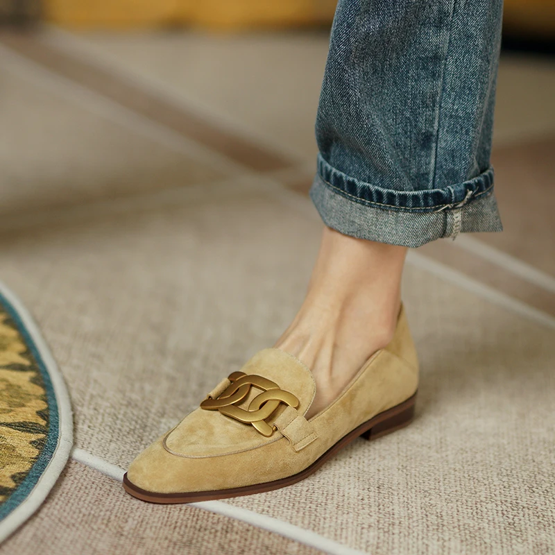 Women Shoes Genuine Leather Flats Loafers Round Toe Sheep Suede Metal Decor Slip-on Footwear Ladies Cozy Casual Shoes casual flats