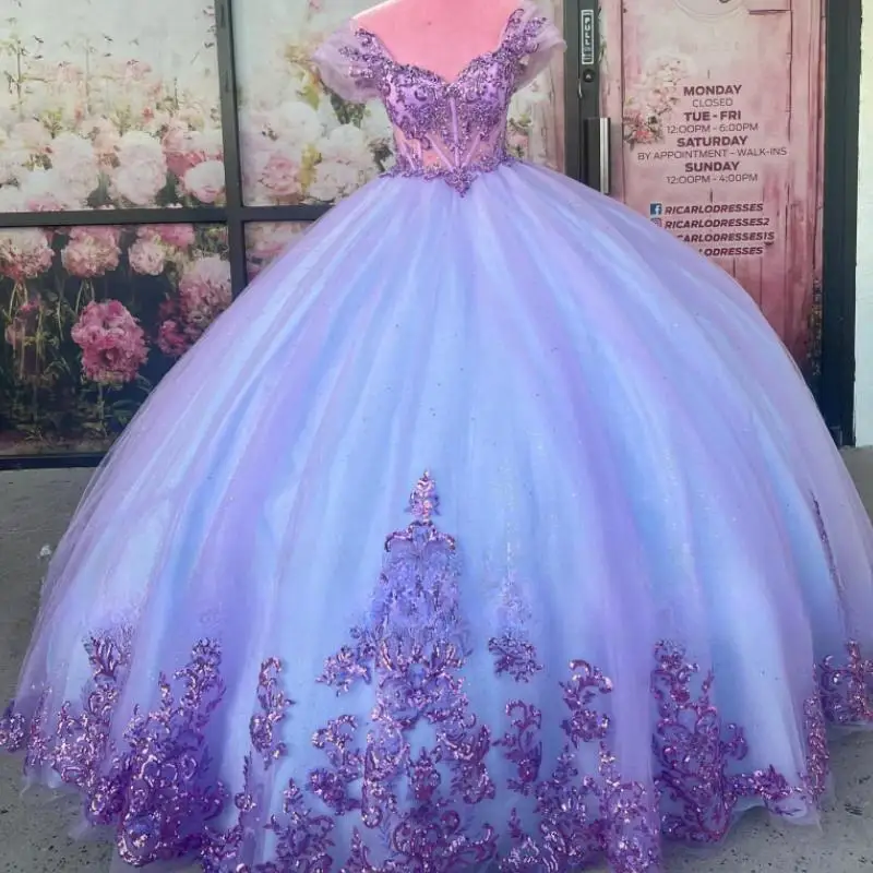 

Lilac Quinceanera Dresses Ball Gown Crystal Floral Beads Appliques Formal Party Prom Dress Vestido De 15 Quinceañeras