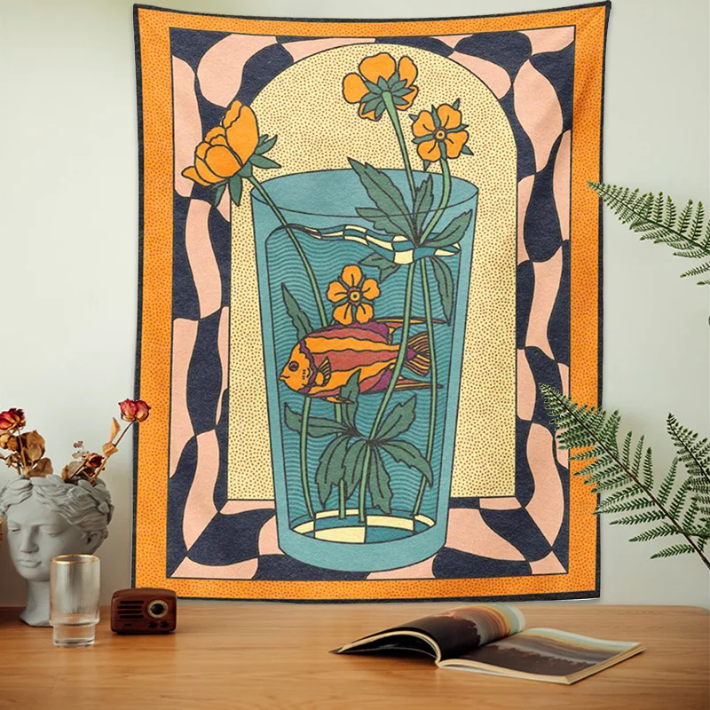 Vintage Inspired Tapestry Wall Hanging Psychedelic vase goldfish flower Decor Minimalist Print Bohemian Art Wall Decor Mural tapestry decorations