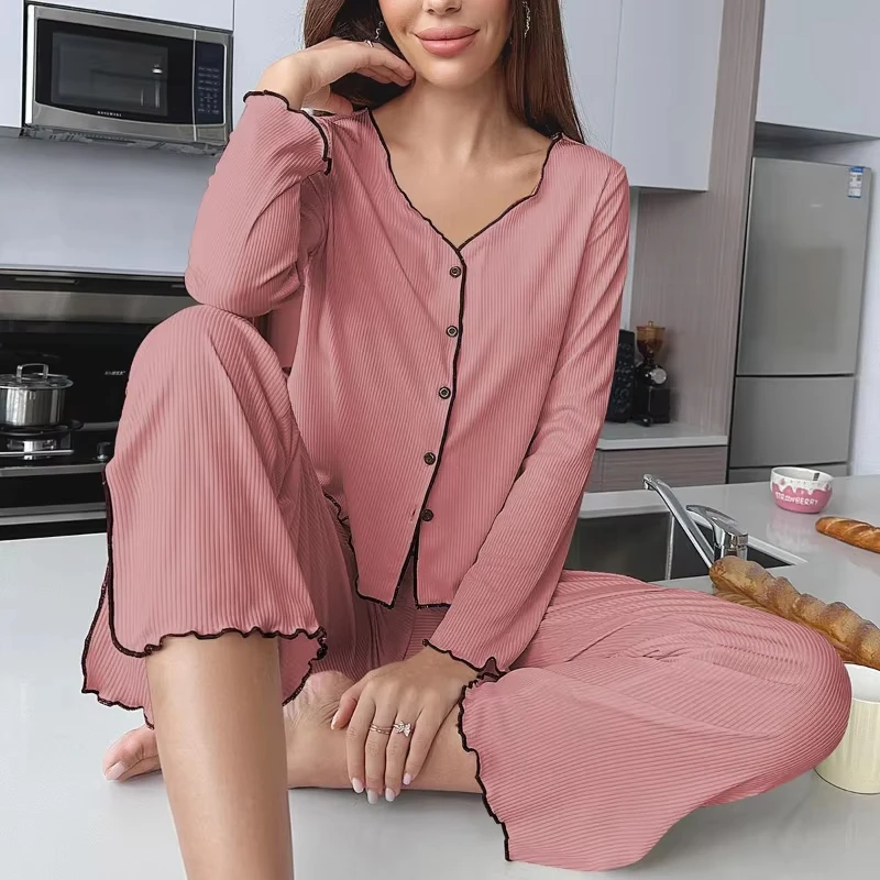 Autumn Winter Women Solid Color Pajama Set Casual Loungewear Long Sleeve  Leg Pants 2 Piece Outfit Comfortable Homewear New Hot
