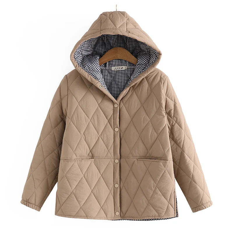 4XL Autumn Winter 2022 Plus Size Parkas Women Clothing Loose Fit Padded Jacket Fashion Hooded Argyle Split Thin Cotton Coat