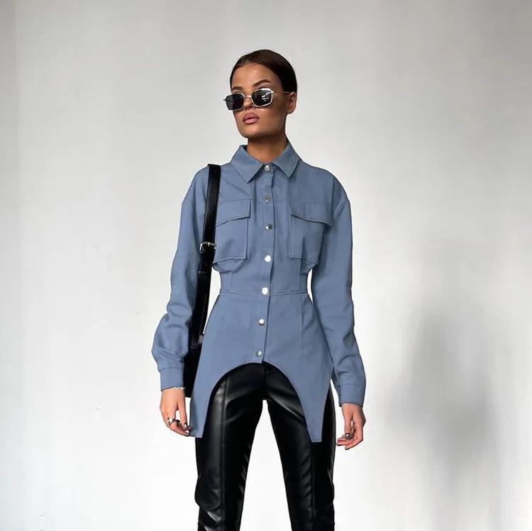 Lapel Patchwork Fashion Shirts For Women Slim Long Sleeve Pocket High Waist Autumn 2025 Cardigan Vintage Shirts Streetwear