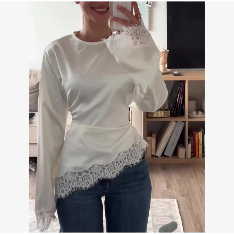 Casual Lace Patchwork Lace-up Tops Women's Slim Belted Waist-cinching Round Neck Pullovers 2026 New Ladies Spring Solid Shirt