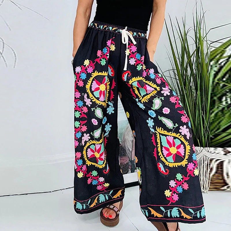 

Vintage Pattern Printed Elastic Waist Trousers New 2024 Summer Casual Drawstring Pocket Pants Women's Bohemian Loose Long Pants