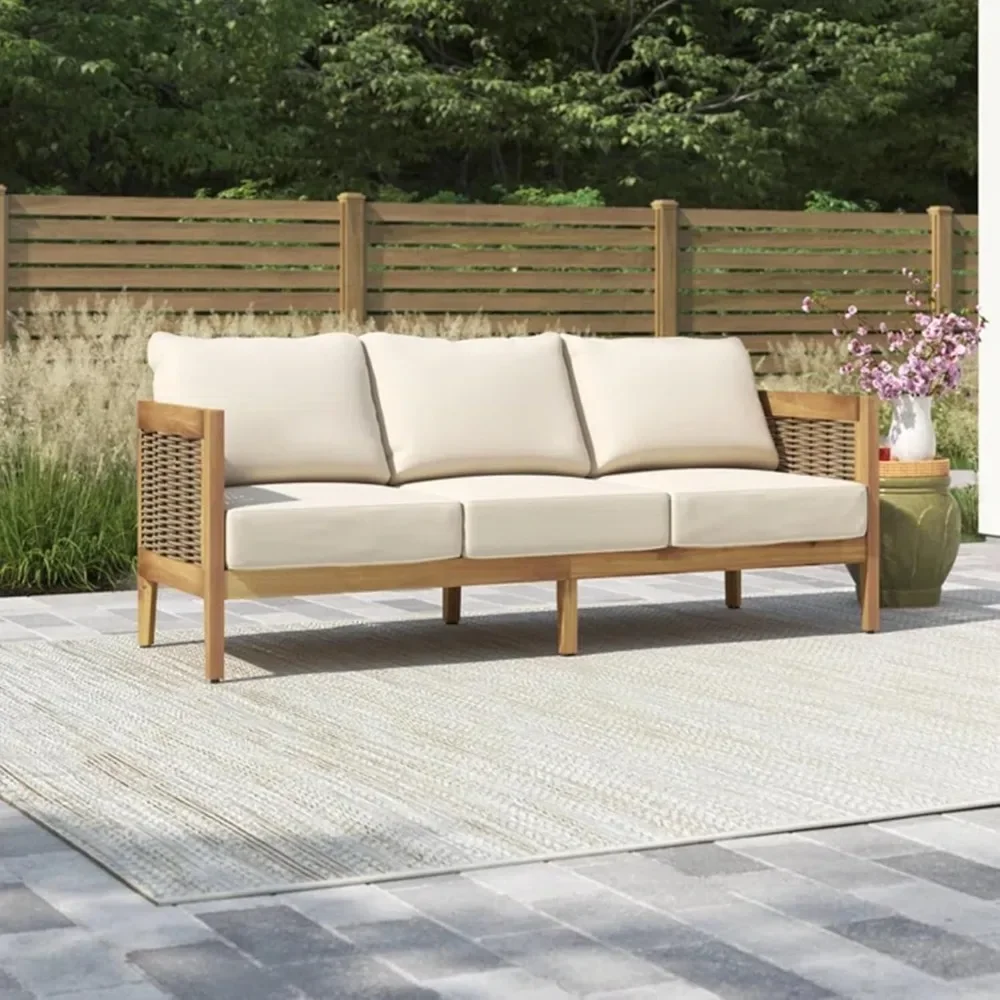 Outdoor Acacia Wood Wicker 3 Seater Sofa, Patio Furniture Conversation Set for Backyard 4