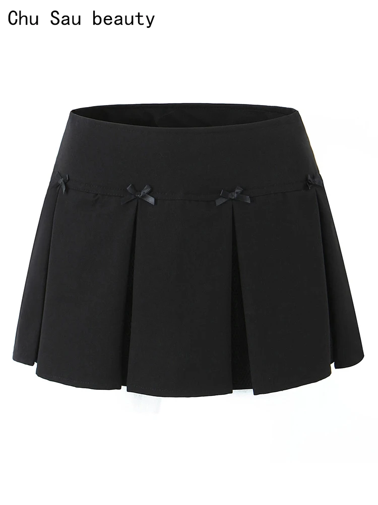 

2023 Women Summer Fashion Sweet Bow Pleated Mini Skirt Sexy Low Waist Shorts Skirts Chic Solid Super Short Skorts Faldas Mujer