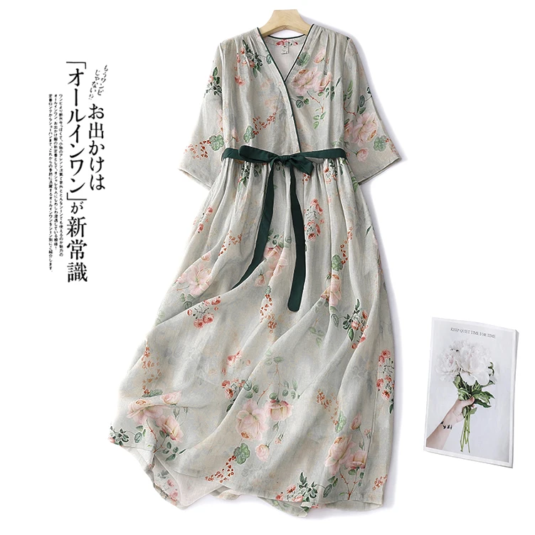 

Limiguyue Summer Ramie Long Dress Women Literary Vintage V-Neck Half Sleeve Floral Print High Waist Dresses Loose Vestidos U801