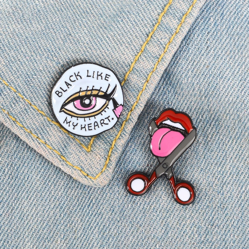 

Eyeliner Cut tongue Enamel Pin Black like my heart badge brooch Lapel pin Denim Jeans shirt bag Fun Jewelry Gift for Girl Friend