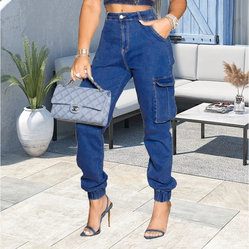 Cargo Denim Pants with Pockets Women High Waist Zipper Fly Jeans 2023 Fall Winter Workout Activewear Casual Fitness Trousers