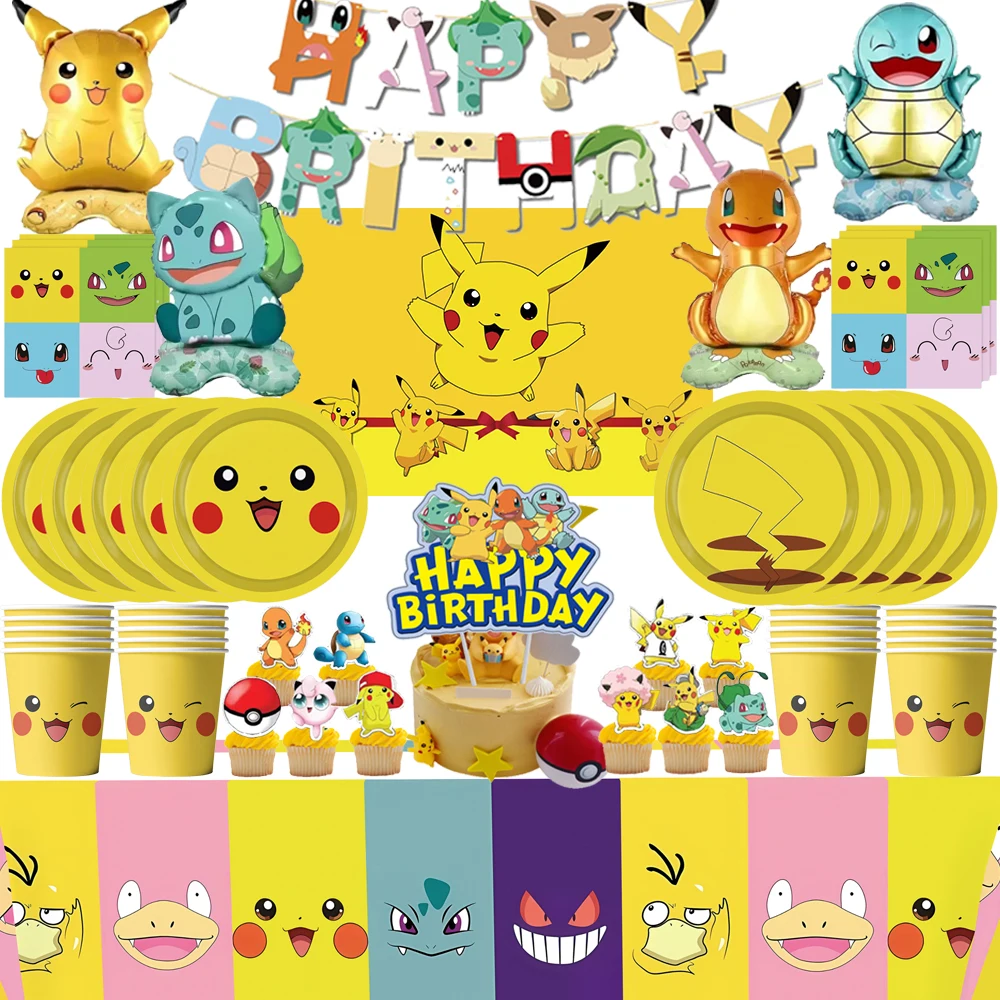 

Pokemon Birthday Party Decorative Supplies Pikachu Party Banner Aluminum Foil Balloon Cutlery Set Baby Shower Children's Toy Gif