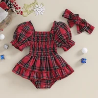 Citgeett Summer Christmas Infant Baby Girls Bodysuit Dress Plaid Print Short Puff Sleeve Jumpsuit + Bow Headband Xmas Clothes 1