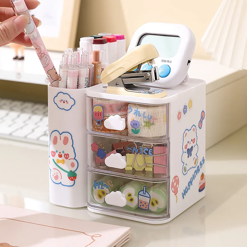 4 Grid Desk Storage Box Desktop Organizer With Drawer Pen Holder Send Kawaii Stickers Student Dormitory Stationery Makeup Shelf