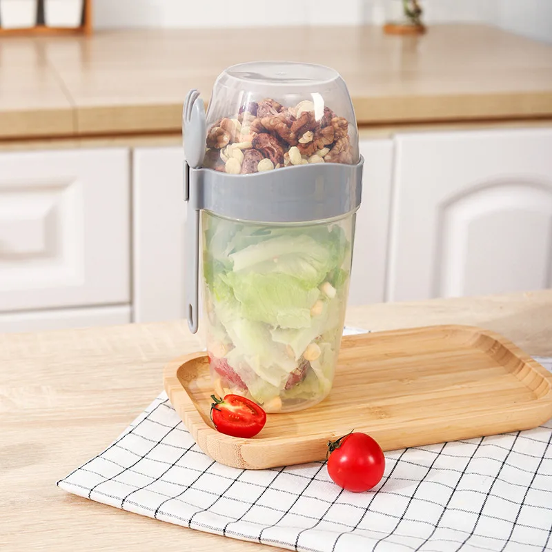 thumbnail image 1 of Taza de desayuno con tapa, cuchara, para ensalada, yogur, avena, frutas, dos capas, para almacenamiento de alimentos, portátil, para fitness, para adelgazar, 1 of 5