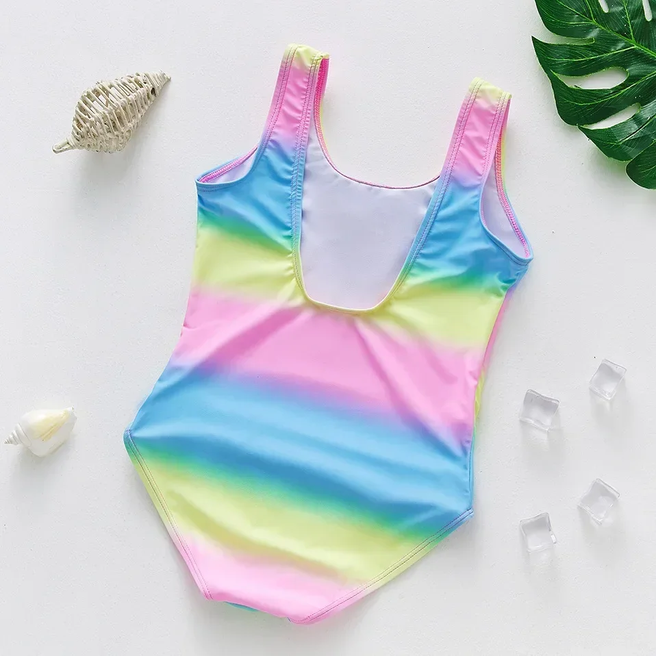 Summer New Children's Swimsuit children swimwear swimsuit one piece Girls Rainbow Three-Color Gradient One piece Swimsuit Offset Shell Girls