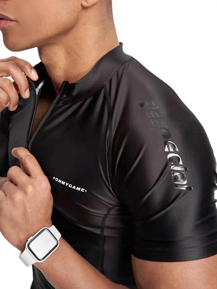 DROZENO New men's swimsuit solid color bodysuit training elastic fitness men's sports T-shirt Surfing wetsuit