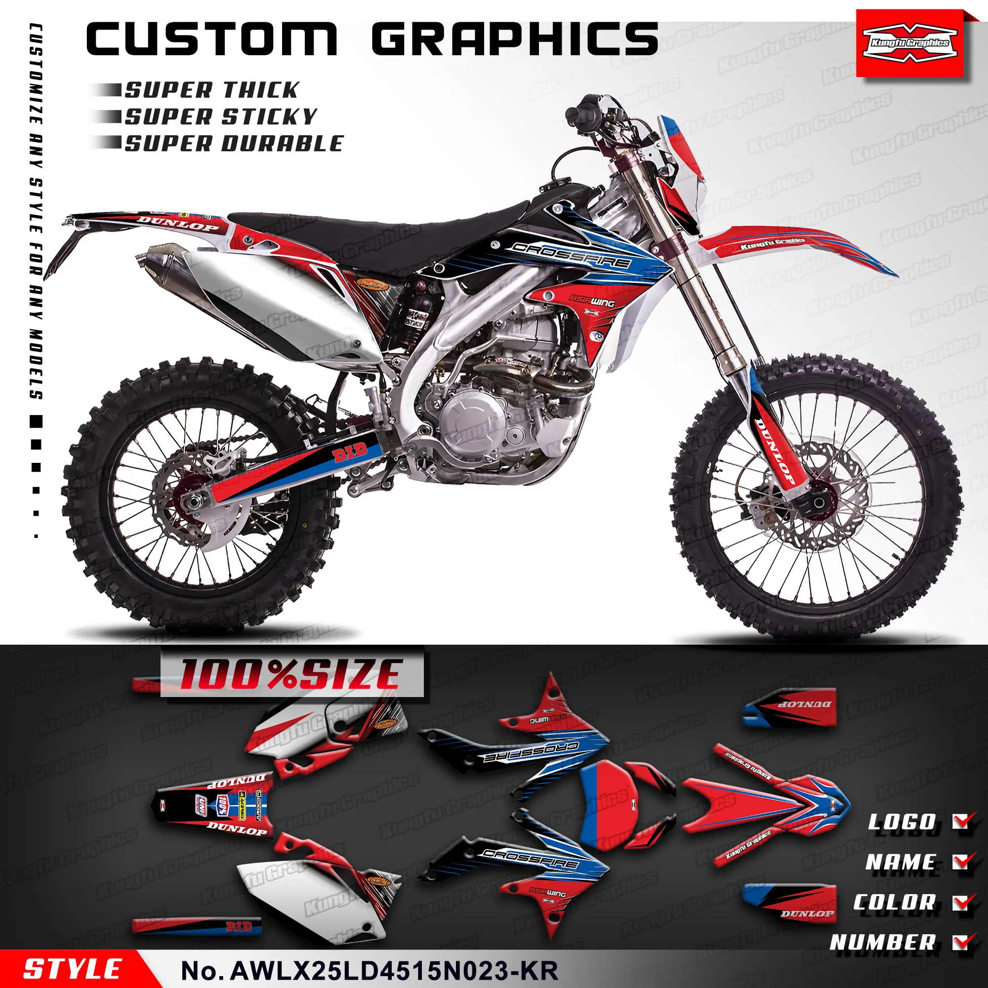 

KUNGFU GRAPHICS Motorcycle Decals Glossy Laminate Sticker Kit for Asiawing LX250 LD450 2015-2024, AWLX25LD4515N023-KR