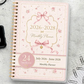 1 Pezzo Agenda Mensile Accademica 2026-2028, Calendario a Spirale A5 per 24 Mesi con Blocchi Grandi, Note, Copertina Floreale Rosa con Fiocco