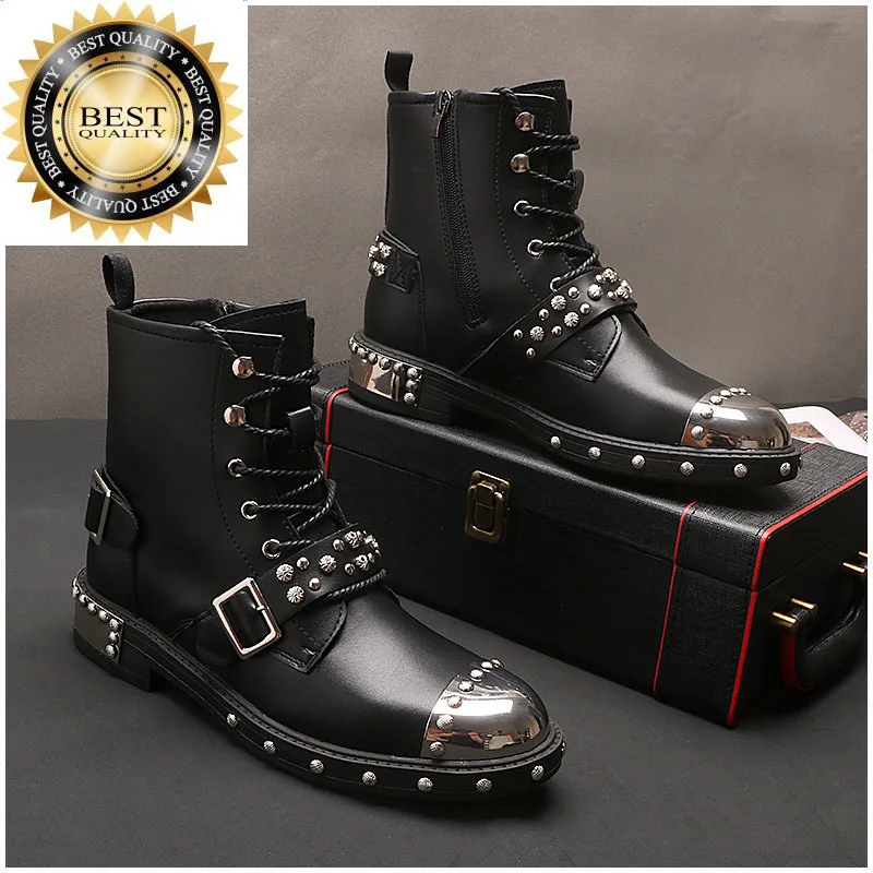 

nightclub fashion stage men's luxury dress genuine leather boots brand designer rivets shoes high top platform boot long botas