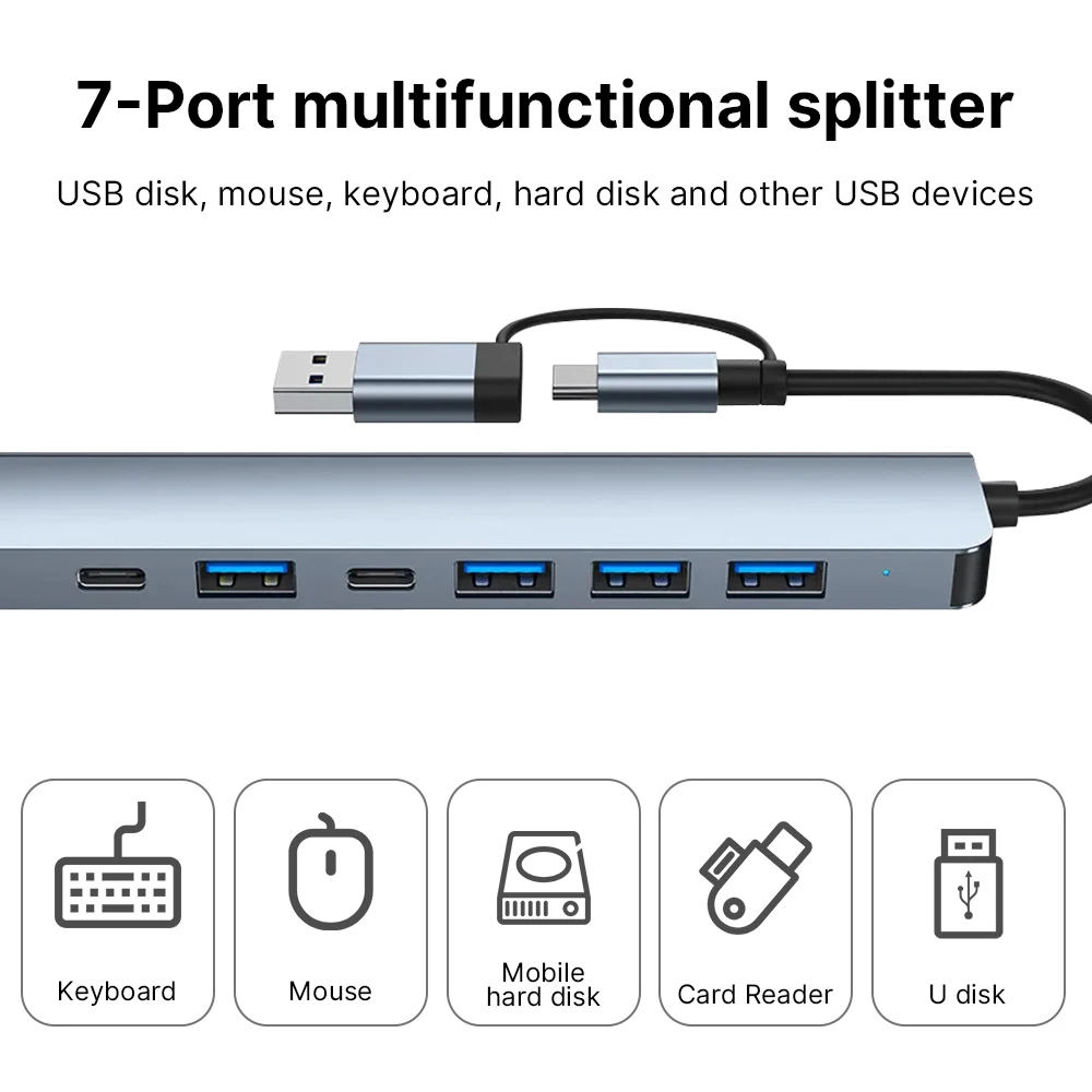 7 Ports 2-in-1 USB 3.0 HUB Type-c Adapter Splitter Dock Multiport USB 2.0 High Speed Transmission Expander For PC Computer