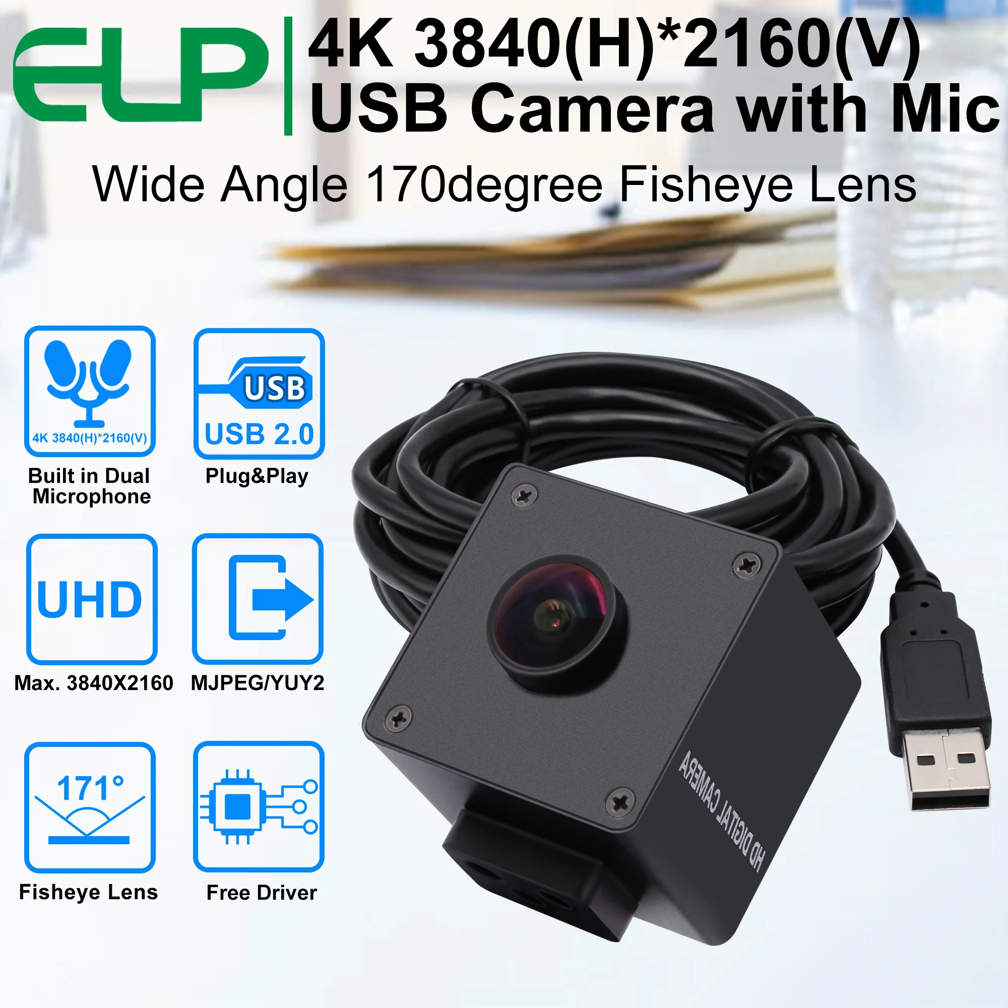 ELP 4K USB Camera Fisheye Lens Wide Angle 170 Degree Ultra