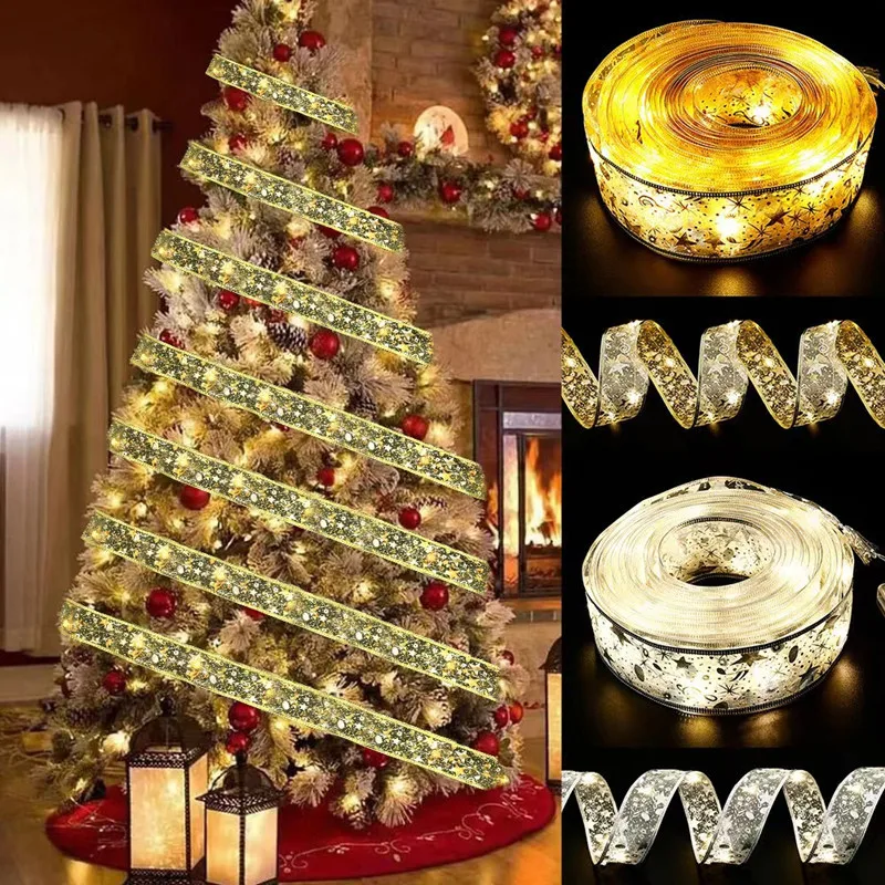 Christmas Decoration LED Ribbon Lights Tree Ornaments DIY Lace Bows String Light