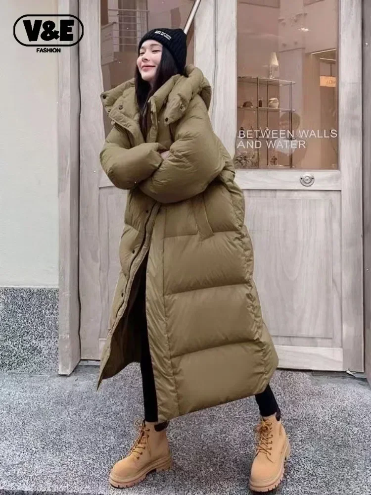 V&E 2023 Winter Warm Pink Hooded Long ParkaS Chaqueta Thick Windproof Overcoat Casual Snow Wear Cotton Padded Women Jaqueta New