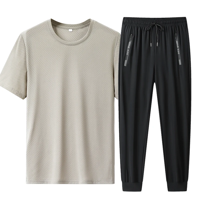 Summer 2 Piece Set Short T Shirts Sets Long Pants  Men'sThin Style Flip Collar T-Shirt Breathable Striped Design Business Casual