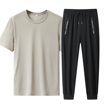Summer 2 Piece Set Short T Shirts Sets Long Pants  Men'sThin Style Flip Collar T-Shirt Breathable Striped Design Business Casual