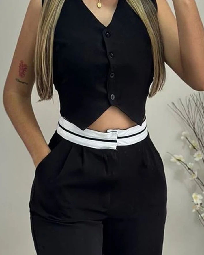 Women's Urban Style Suits 2024 Spring Summer Latest V-Neck Button Sleeveless Vest Top&pocket Design Daily Commuting Pants Set