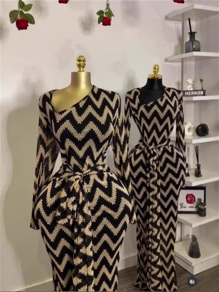 Wmstar Dresses Women Wholesale Long Sleeve Bodycon Fashion Long Sleeved Dress with A Slanted Collar Wavy Printed Belt Clothes