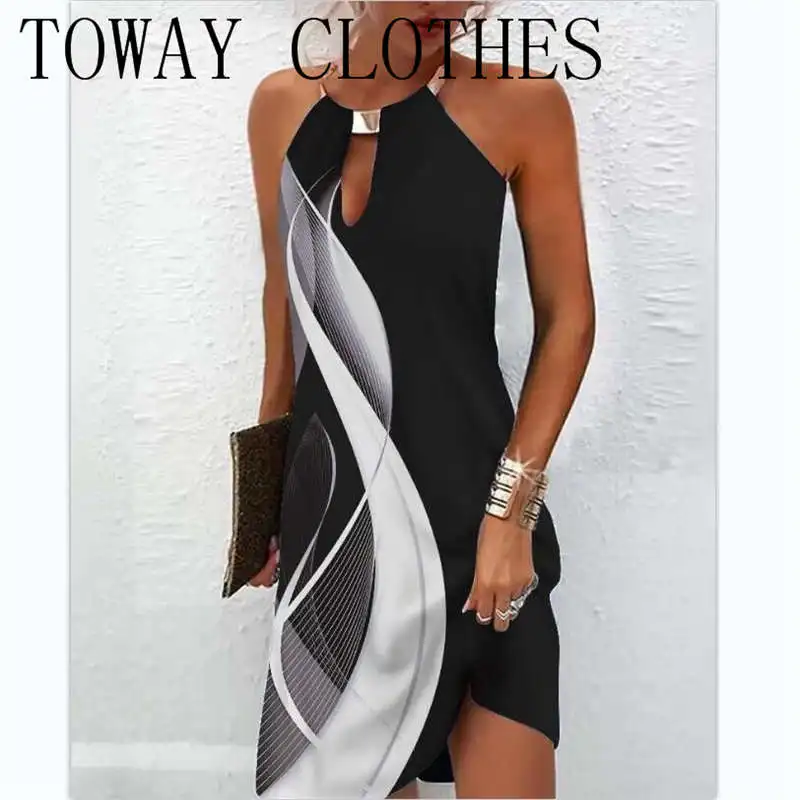 

Dress For Women 2023 O-neck Abstract Print Colorblock Sleeveless Casual Dress