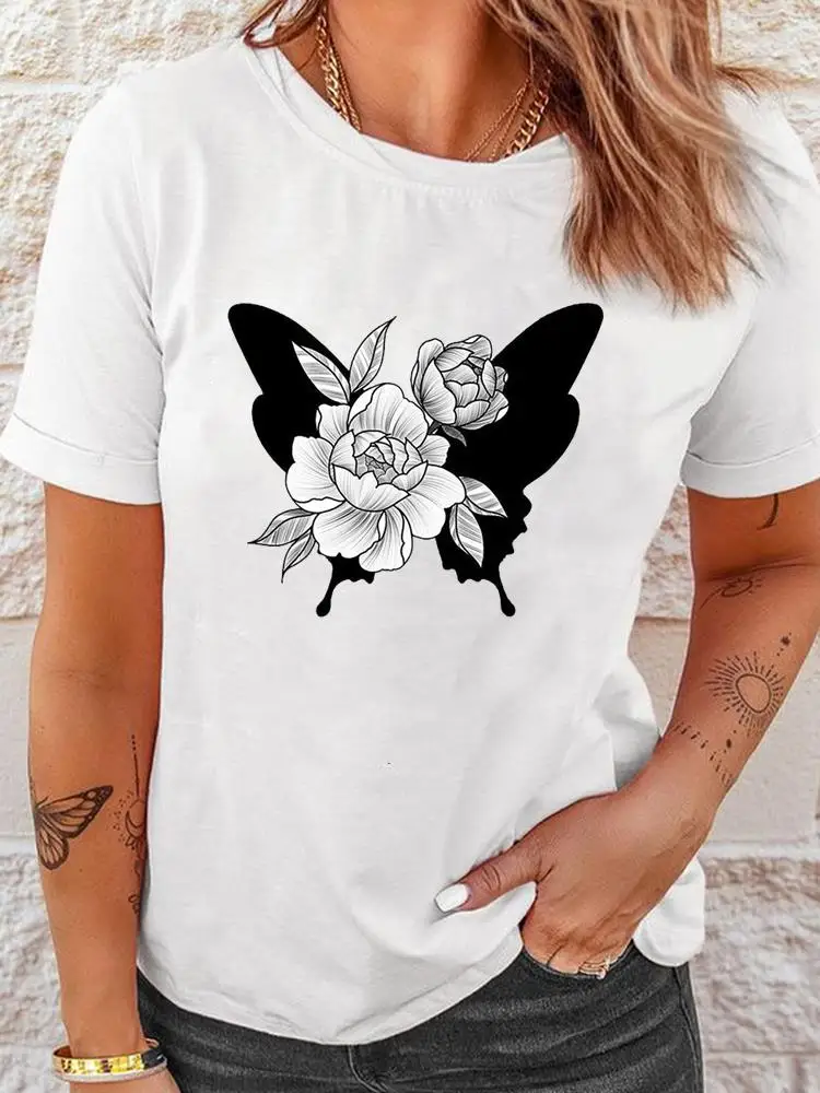 

Футболка женская с цветочным принтом, модный топ с коротким рукавом и бабочкой, одежда с графическим принтом, лето-весна