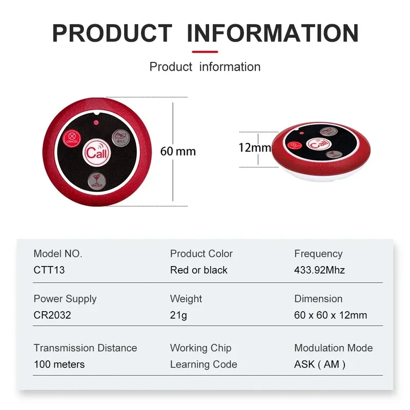 QWICALL 50Pcs Wireless Calling System Pager Waterproof Call Button for Bar,Restaurant,Office,Cafe Call waiter Service Bell