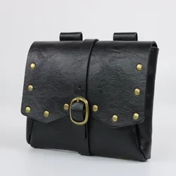 Vintage - Style Leather Belt Bag with Buckle Closure and Steampunk Design (Black)