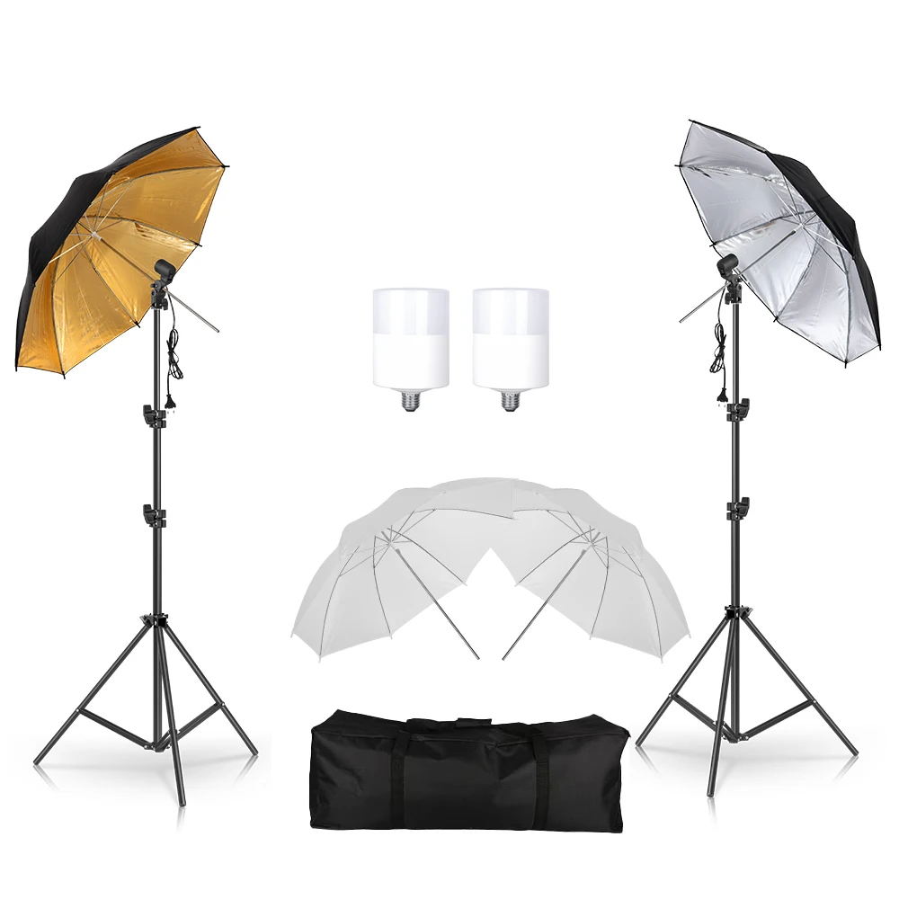 Photo Studio Umbrella Set 33 ' 84 cm White Gold Black Soft Light Umbrella with Bulbs Lighting