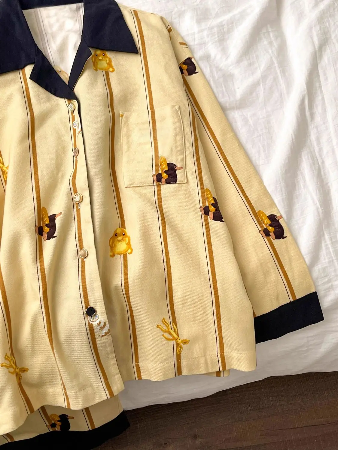 Women Korean Edition Printed Pajamas Spring Autumn Long Sleeve Sleepwear Casual Lapel Pyjamas Color Matching Striped Home Suit