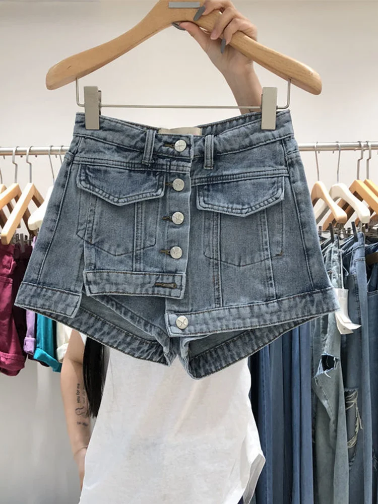 

Streetwear Women All-Matching Single Breasted Denim Shorts Women's Fashion High Waist Slimming Wide Leg Jean Skirts Shorts 2023