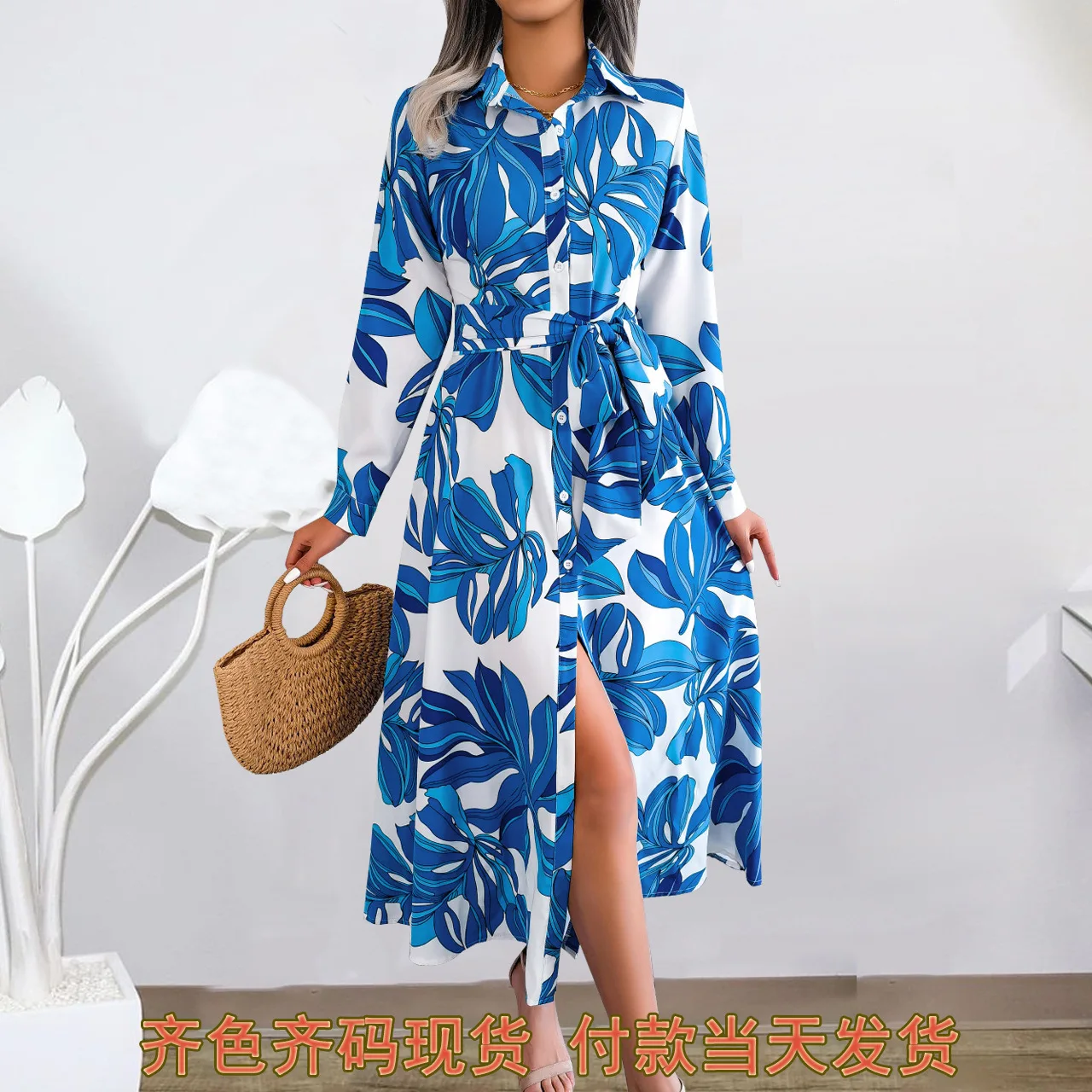 

European and American temperament women dress contrast color flower lapel printed shirt skirt dress woman