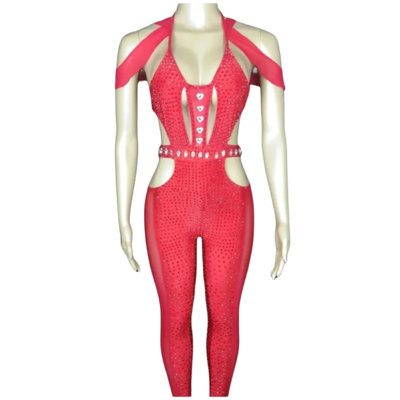 

Сексуальный красный комбинезон Стразы с открытой спиной для женщин, певец, танцор, сценическая одежда, костюм для бара, клуба, вечеринки, дня рождения, празднования, с кристаллами