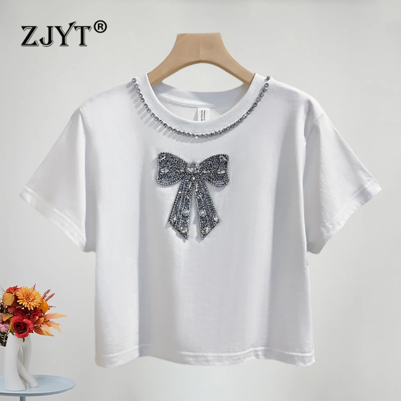 

ZJYT Beading Short T Shirts for Women Summer Tees O Neck Casual Tops Short Sleeve White Black Camisetas Fashion Streetwear 2024