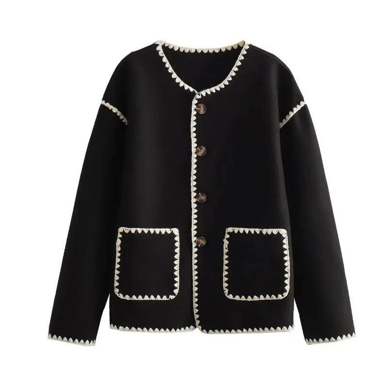 Autumn and Winter Women's Round Neck Button Pockets Patchwork Cardigan Loose Fashion Casual Elegant Commuter Long Sleeve Coat