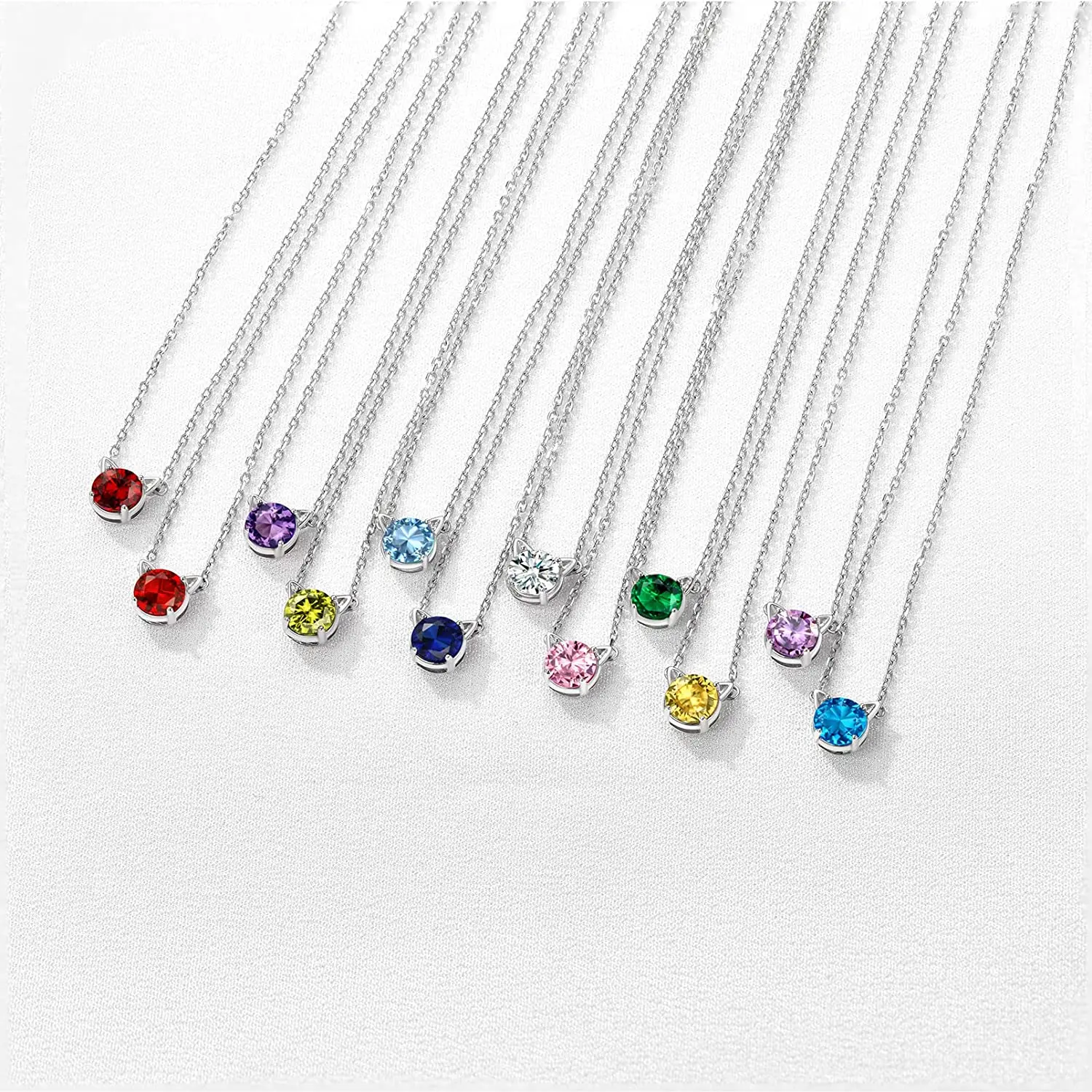 PROSILVER Women Girl Silver 12 Months Birthstone Cat Ear Cute Pendant 925 Sterling Necklace Mother's Valentine Day Gifts P15191B