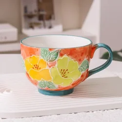 Large Capacity Hand - Painted Ceramic Mug - Creative Floral Design, 500ml - 500ML (Orange)