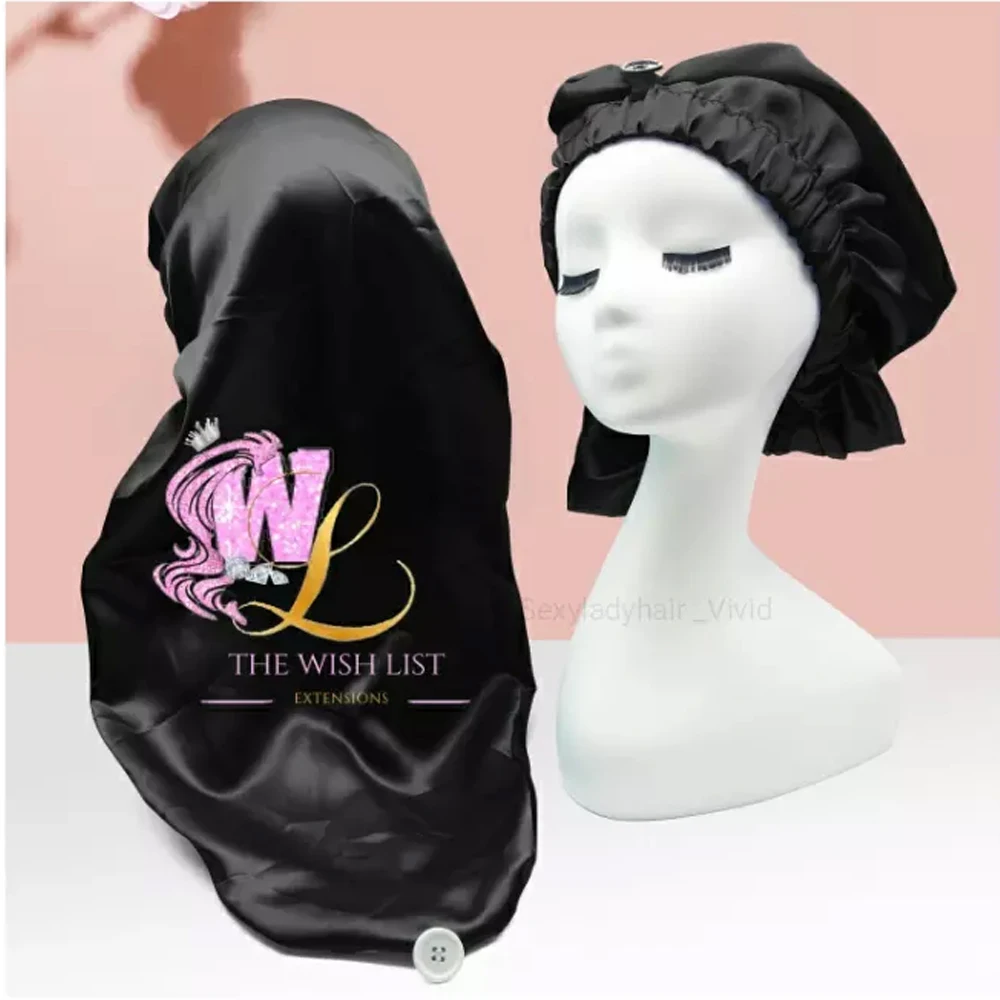 

Custom Logo Satin Night Long Large Braid Hair Head Sleeping Stain Bonnets And Silk Hair Wraps Bonnet With Snap