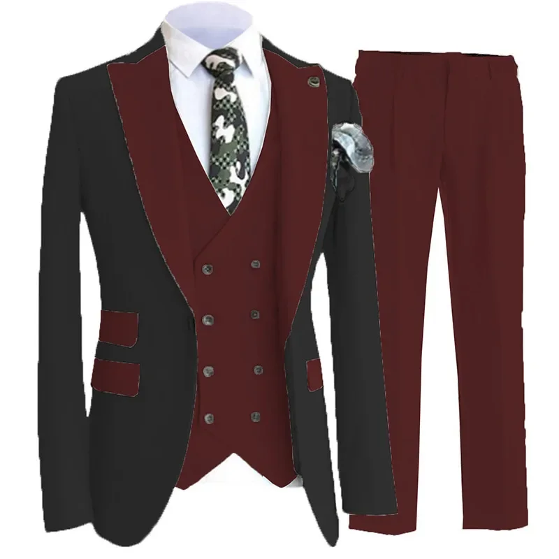 Men's Suit Brown 3 Pieces Slim Fitting Lapel Black Coat Suitable For Wedding Banquet Groom Wedding  Jacket Vest With Pants