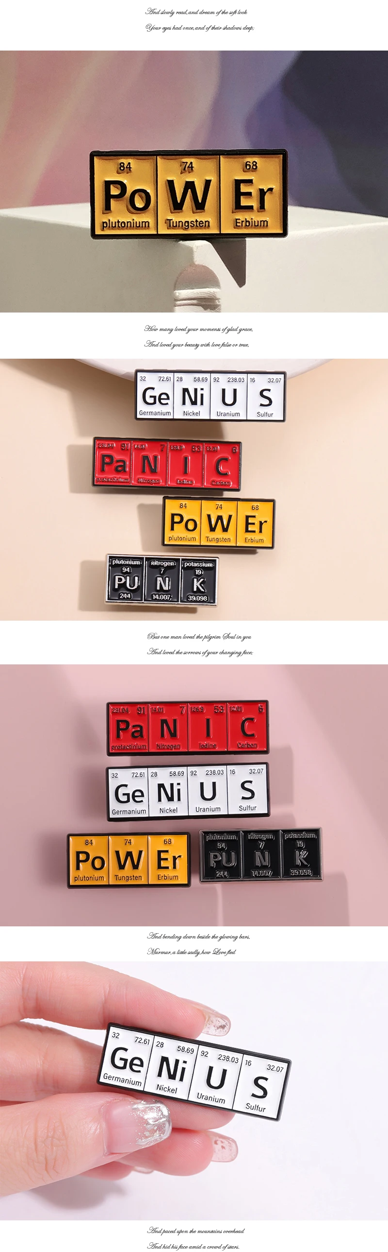 Chemisches Element Emaille Pins benutzer definierte po w er ge ni us Punk Broschen Revers Abzeichen Thema Schmuck Geschenk für Studenten Freunde – Detail 2